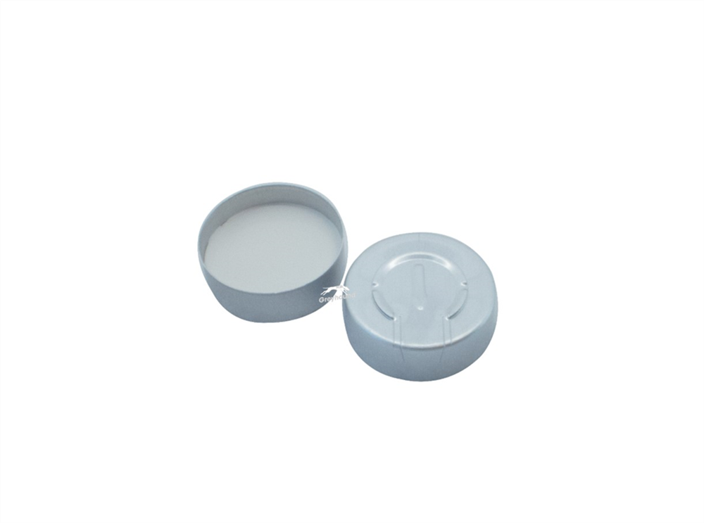 Picture of 20mm Aluminium Complete Tear Off  Crimp Cap, Silver, with Beige PTFE /White Silicone Q-SEP Septa, 3mm, (Shore A 38)
